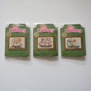 Jiffy Stitchery Clipper Schooner Yacht Ships Lot of 3 Needlepoint Vintage Kits